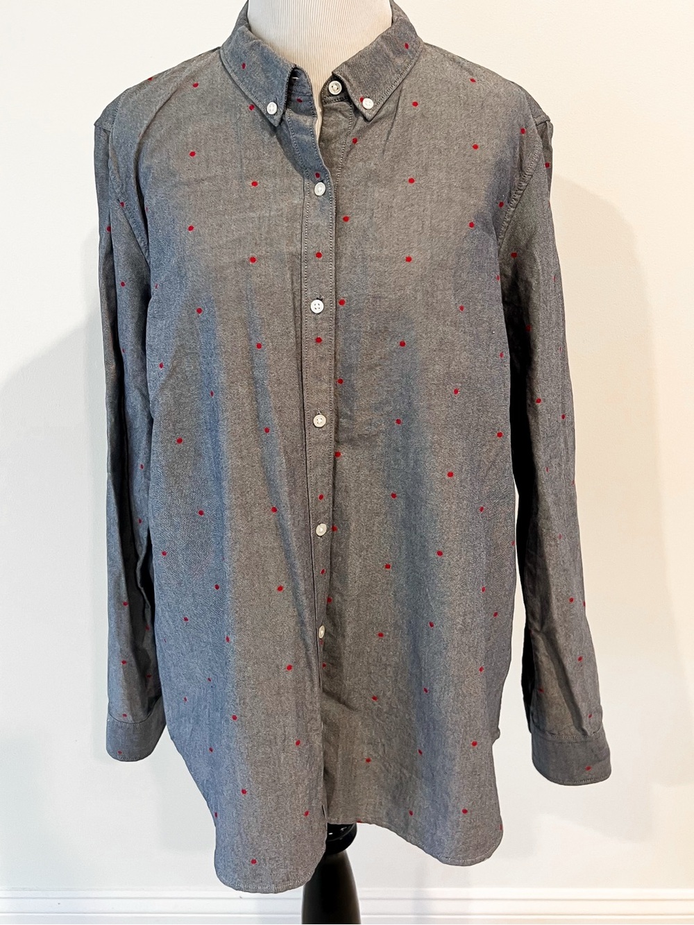 GAP Blue with Red Polka Dots Fitted Boyfriend Button Down Shirt Womens Sz XL